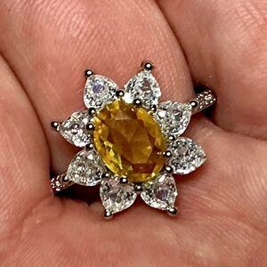 Yellow Sunflower Cz Diamond Ring Sterling Silver 92.5 Summer,Spring